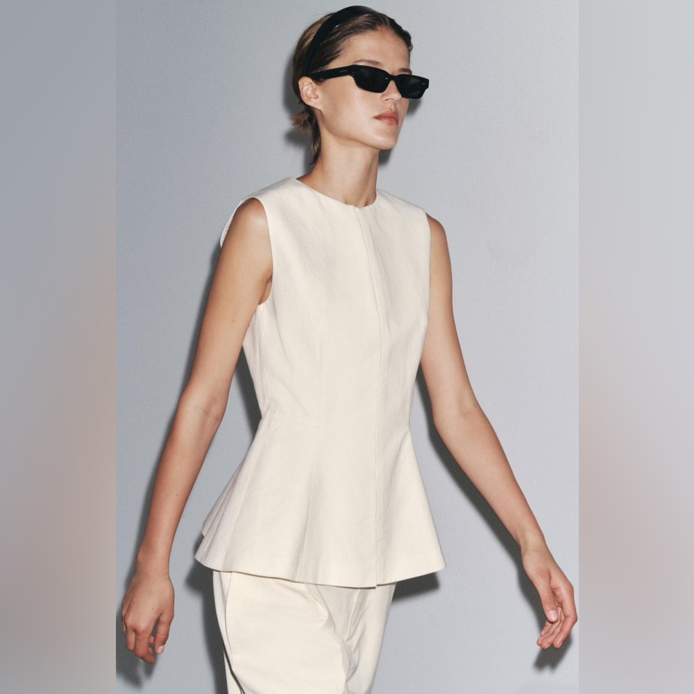 ZARA COTTON CREWNECK PEPLUM VEST TOP TAILORED NEUTRAL OFFICE Cream L